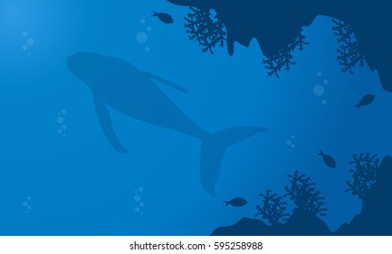 Silhouette of whale in underwater landscape