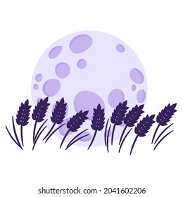 Silhouette of a wheat field against the background of the full moon. Traditional Halloween symbol and decorative element. Vector cartoon isolated illustration.