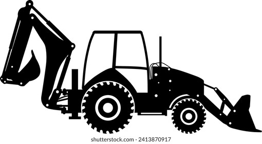 Silhouette of Wheel Backhoe Loader Icon in Flat Style. Vector Illustration