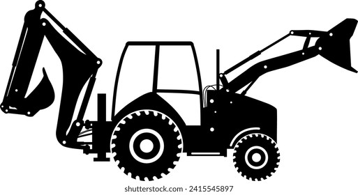 Silhouette of Wheel Backhoe Loader Icon in Flat Style. Vector Illustration