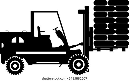 Silhouette of Wheel Forklift with Cargo Icon in Flat Style. Vector Illustration