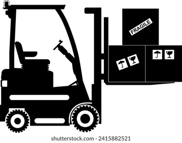 Silhouette of Wheel Forklift with Fragile Cargo Boxes Icon in Flat Style. Vector Illustration