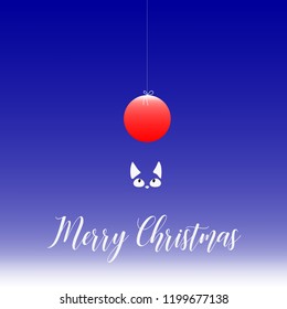 Silhouette of a white cat looking at a red christmas ball on blue background. Funny Christmas card with lettering.
