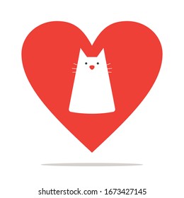 Silueta de un gato blanco sobre un fondo de corazones rojos. Concepto romántico.
