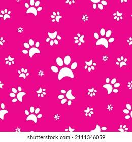 Silhouette white color cat footprints on pink color background. Vector seamless pattern. Repeatable wallpaper.