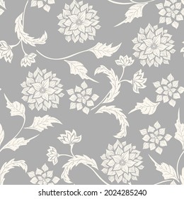 Silhouette blanca dahlia. Patrón sin foco. Flores gráficas vectoriales en fondo gris.