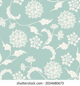 Silhouette white dahlia. Seamless pattern. Vector graphic flowers on turquoise  background.