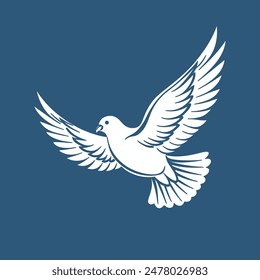 Silhouette of a white dove on a blue sky background. Illustration. Vector