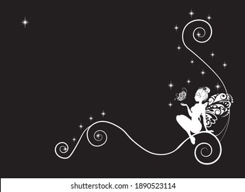 silhouette white fairy and butterfly magic night background, picture in hand drawing cartoon style, for t-shirt wear fashion print design, greeting card, postcard. baby shower. party invitation