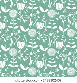 Silhouette white flowers on delicate green background. Fresh floral seamless pattern. Rustic botanical print for textile, paper, wallpaper, fabric and design, vector graphic