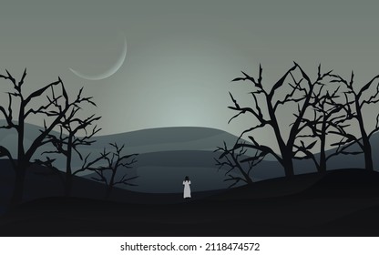 silueta de una niña blanca en un horroroso y oscuro fondo del bosque nocturno. fondo vectorial de escena macabra