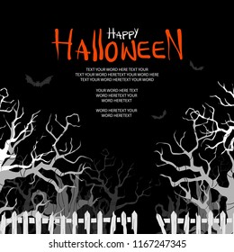 Silhouette white and gray haunted trees on black background and space for text. Background or poster design for halloween event in vector illustration.  
