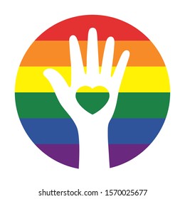 Silhouette of white hands on circle rainbow colored background. LGBTQI concept.