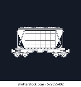 Silhouette White Hopper on Railway Platform Isolated on Black Background, Railway Transport, Hopper Car for Transportation Freights , Vector Illustration 