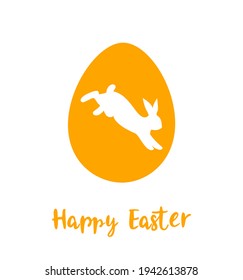 Silhouette of a white jumping rabbit in an orange Easter egg on a white background. Easter greeting card