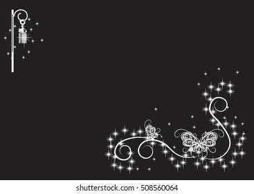 silhouette white magic butterfly from pattern elements and the shining lamp on a black background, night card, 
