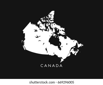 Silhouette white map of Canada on black background.