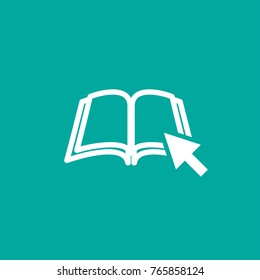 Silhouette with white outline of the book with cursor arrow isolated on blue background. Internet knowledge flat icon. Vector illustration. Online reading logo. 