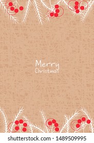Silhouette white pine leaves and red berries on brown paper vector background for decoration on Christmas holiday festival.