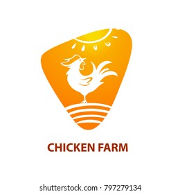 Silhouette White Rooster. Chicken Farm. Product From Chicken Meat And Egg. Vector Logo With Cockerel And Sun Light.