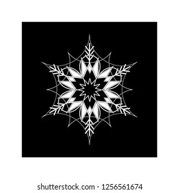 Silhouette white snowflake in black square on white background. Symbol of Christmas holiday season. Monochrome template for prints, card, etc. Isolated graphic element. Flat vector illustration.