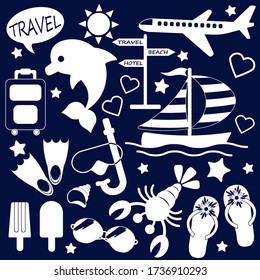 

  silhouette of white travel, resort, travel and vacation icons isolated on dark background
