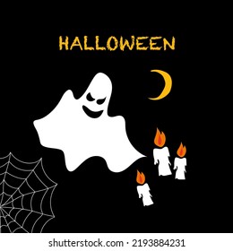 Silhouette White Ghost, Spider Web, Moon, Candles for Halloween Decoration. Written Halloween. Flat Illustration Isolated on Black Background