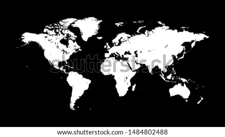 Silhouette of a white world map on a dark black background with the most accurate outline. Template option for use in an industrial interior.