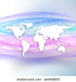 Silhouette of white world map with shadow on beautiful wave background, vector illustration.