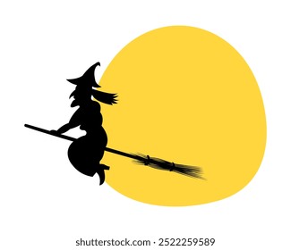 A silhouette of a wicked witch on a broomstick against a yellow moon. Spooky crone witch on All Hallows Eve for Halloween themed project. For holiday invitation, decoration.