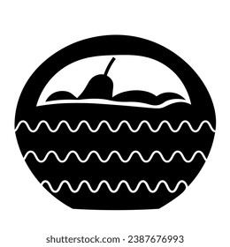 Silhouette of wicker basket vegetables, fruits, element of Thanksgiving day festive table decoration. Wicker basket contour holiday symbol. Simple black shape vector icon isolated on white background
