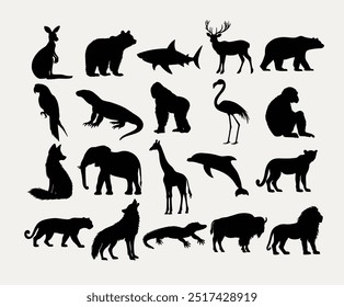 Colección de iconos de animales salvajes de silueta. Un conjunto de siluetas de animales negros con mamíferos, pájaros y reptiles en un estilo minimalista. Perfecto para logotipos, infografías y materiales educativos.