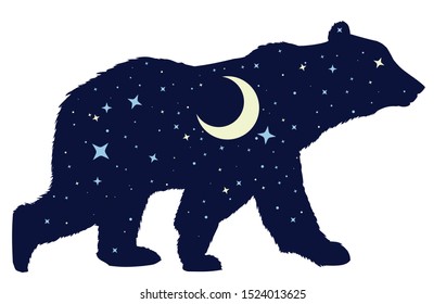 Silhouette of a wild bear with night sky and moon.