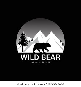 Silhouette of wild bear with panorama of mountains. vector illustration