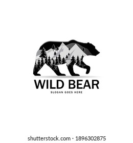 Silhouette of wild bear with panorama of mountains. vector illustration