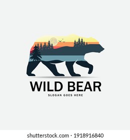 Silhouette of wild bear with panorama of mountains. vector illustration