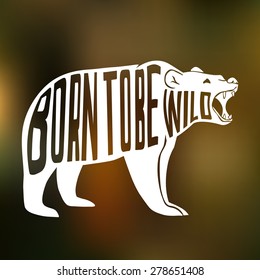 Silhouette of wild bear with text inside blur on background. Vector illustration