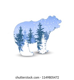 Silhouette of wild bear with winter forest. Snowing.