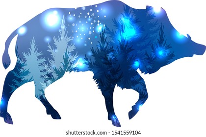 Silhouette of a wild boar with forest and space inside