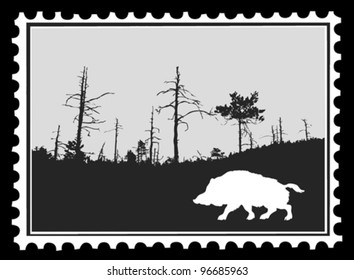 silhouette jabalí en sellos postales, ilustración vectorial