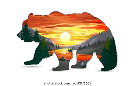 Silhouette of a wild brown bear. Wildlife, mountains, forest, river and sun with clouds are depicted inside the outline of the bear.