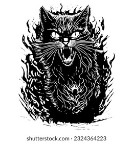 Silhouette of Wild cat in flames isolated on white background. Print for t-shirt. Clipart.