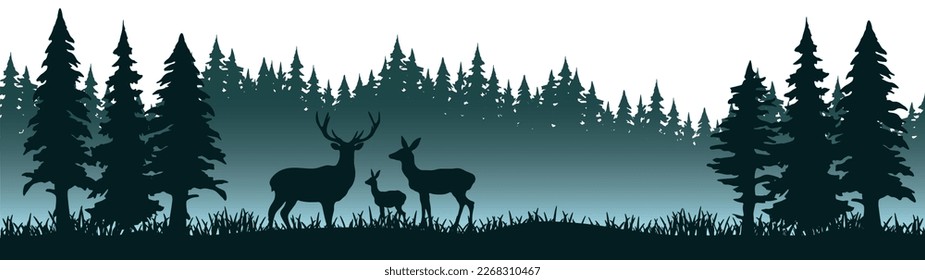 Silhouette of wild deer and black forest fir spruce trees camping wildlife adventure misty fog landscape panorama illustration icon vector for logo, isolated on white background