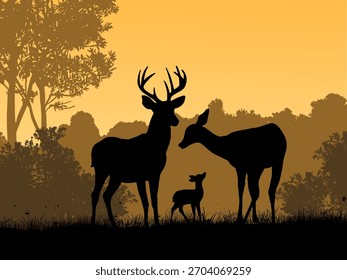 ชื่อผ ลงาน: Silhouette. Wilde Hirsche in dichtem Wald. Realistische Vektorlandschaft