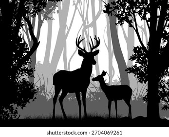 ชื่อผ ลงาน: Silhouette. Wilde Hirsche in dichtem Wald. Realistische Vektorlandschaft