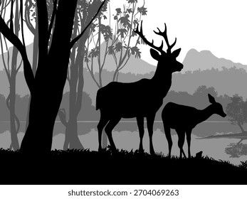 ชื่อผลงาน: Silueta. Ciervo salvaje en bosque denso. Paisaje de Vector realista