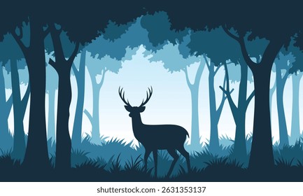 silhouette of a wild deer in the middle of a dense forest in shades of blue landscape background
