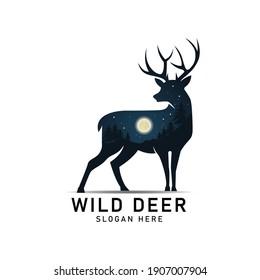 Silhouette of wild deer with moon night view. vector illustration