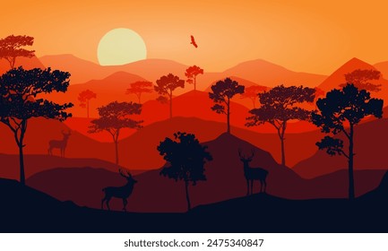 silhouette of wild deer and trees with mountains and beautiful sunset or sunrise