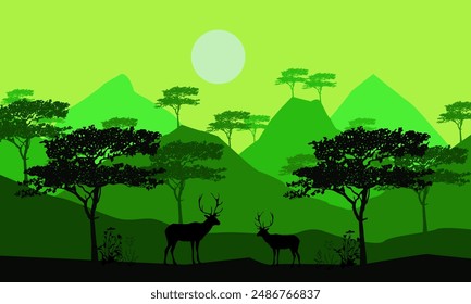 Silhouette of wild deer Trees with mountains background